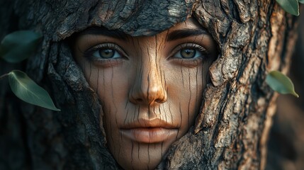 A surreal artistic carving of a woman's face seamlessly blended into a tree trunk, symbolizing a deep connection between nature and human expression, Generative Ai