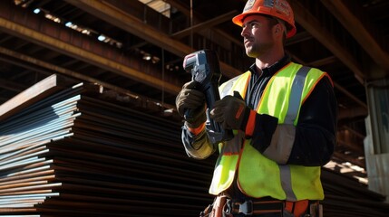 Fototapeta premium A construction laborer in a reflective vest and hard hat, holding a bucket of concrete mix and standing in front of a partially completed foundation, Construction site scene