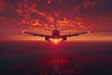 Airplane landing at sunset with vibrant red sky and clouds