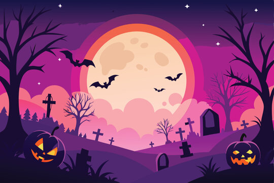 Halloween Night Cemetery Scene Full Moon Bats