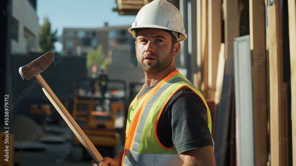 Poster a construction laborer in a reflective vest and hard hat, holding a crowbar and standing in front of