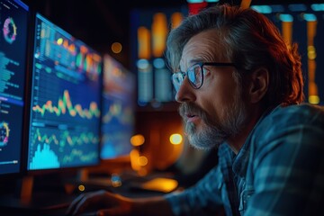 Obraz premium Focused professional analyzing data on multiple computer screens