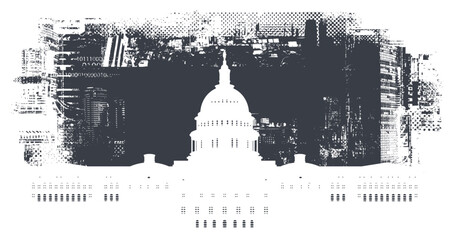 Fototapeta premium Vector banner or card with US Capitol Building in Washington DC in art grunge background of spots and geometric shapes from elements of big city architecture. suitable for logo, t-shirt design.