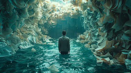 Businessman Navigating Through a Sea of Papers in a Surreal Dreamlike Cave, Concept of Overwhelming Workload and Stress, Office Setting, Rear View, Daytime, Emotional Theme