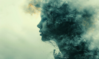 Conceptual Illustration of Foggy Brain and Mental Health Challenges Featuring Silhouette of Woman with Mist and Forest Elements