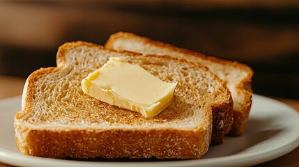 Two slices of toasted bread topped with a pat of butter on a white plate, capturing a warm, comforting breakfast moment.