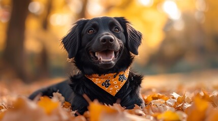 Portrait of a black dog in the autumn park