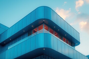 Fototapeta premium Modern architectural building with blue facade and sunset lighting