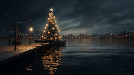 Nautical Christmas Tree Scene on a starry night by the water ~ Created using Generative AI