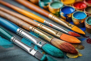 Obraz premium Assorted paintbrushes and vibrant paints for creative art projects