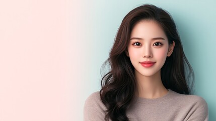 Obraz premium an Asian woman in her mid-20s, standing with her arms crossed, looking at the camera with a slight smile. The background is a solid pastel color