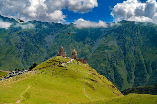 View of Gergeti Trinity Church (Tsminda Sameba) in Kazbegi, Georgia. The Church near the village of Gergeti, under Mount Kazbegi.
