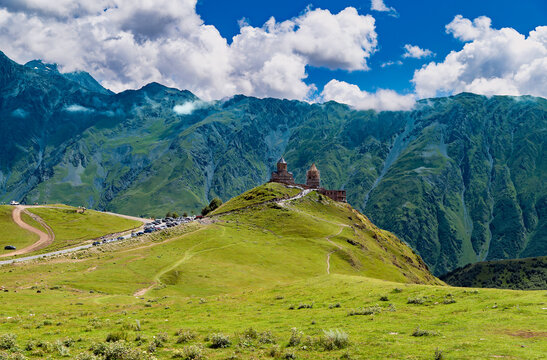 View of Gergeti Trinity Church (Tsminda Sameba) in Kazbegi, Georgia. The Church near the village of Gergeti, under Mount Kazbegi.