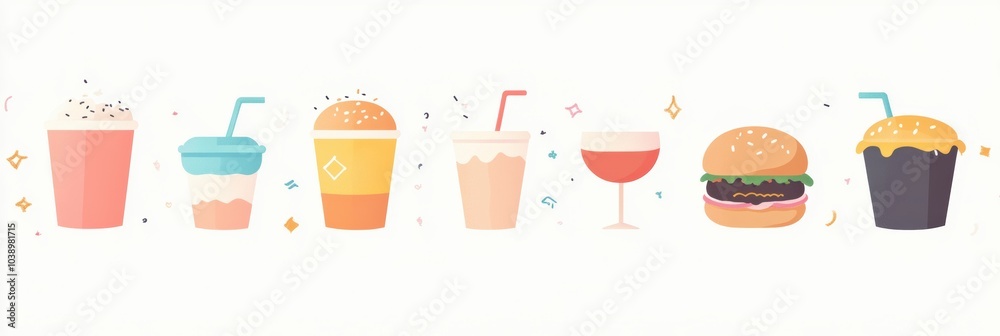 Poster a variety of colorful drinks and a burger are arranged on a simple background, perfect for a casual 