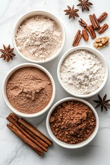 A visually appealing arrangement of various spices and flours in bowls, complemented by cinnamon sticks and star anise, perfect for culinary exploration.