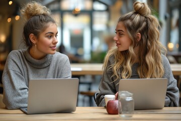 Two young women working together in a cozy cafe environment