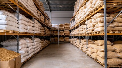 A tidy storage room filled with neatly stacked bags of grains on shelves, showcasing various types of dry food products.