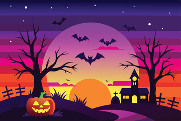 Halloween Sunset Silhouette With Bats And Pumpkin