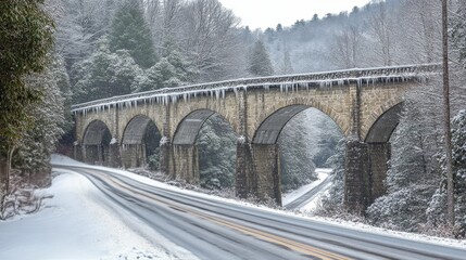 Snowy winter landscape featuring a stone bridge over a winding road in a forest setting