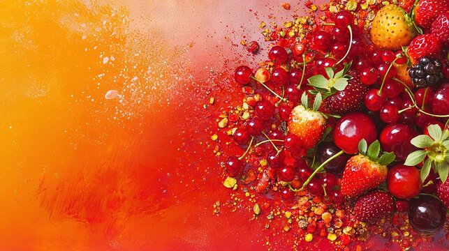   Close-up of berries and strawberries on a reddish-yellow backdrop with water droplets