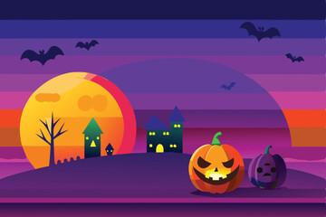 Fototapeta premium Halloween Night Scene with Pumpkins, Bats, and a Haunted House