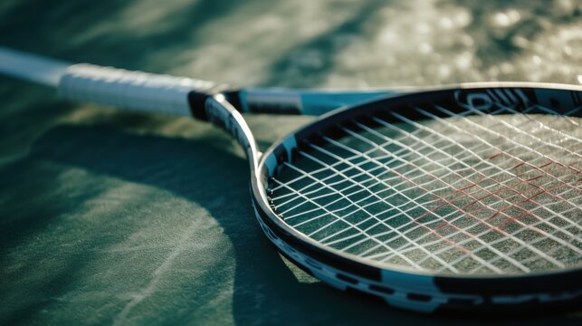 A tennis court's racket handle and strings, outdoor court with green clay, Classic style