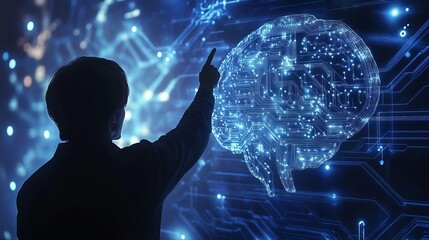 Artificial intelligence (AI), deep machine learning, neural networks, and innovative technology concepts, represented by a man pointing at a virtual brain integrated with a circuit board