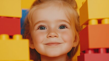 A cheerful little girl with bright blue eyes in pigtails playing with building blocks and smiling.