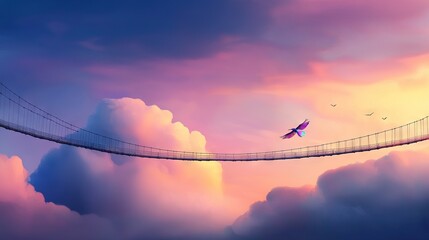 Obraz premium Bird flying above bridge with two birds on opposite sides