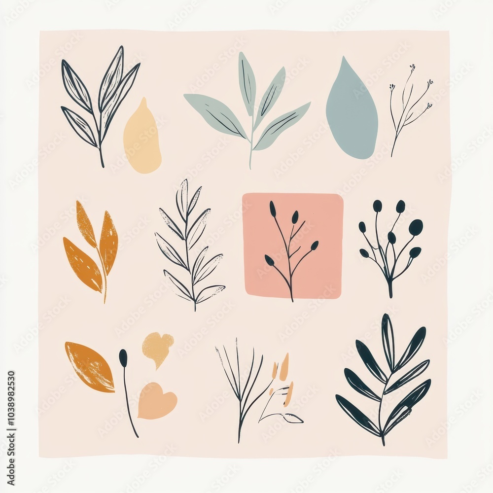 Poster Intricate doodles showcase a variety of leaves and flowers in soft colors, creating a harmonious and nature-inspired design. Generative AI