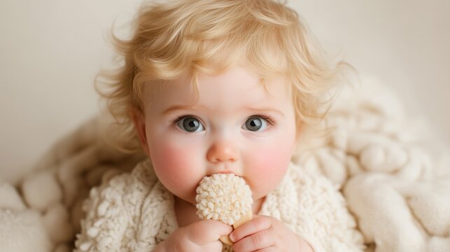 A close-up of a cute baby with a pacifier on a soft, cozy blanket. The baby is the focal point of the image and conveys a sense of calm and safety.