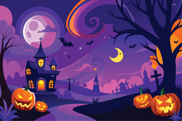 Fototapeta premium Halloween Night Scene with Haunted House and Pumpkins