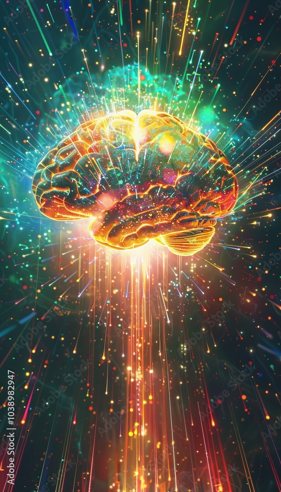 Wall mural vibrant ai brain icon radiating light amidst dynamic data streams for digital innovation projects