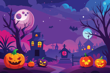 Halloween Night Scene with Pumpkins and Haunted Houses