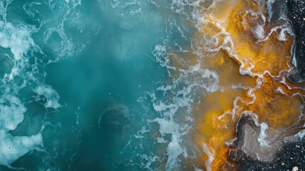 This captivating image presents a vibrant scene where turquoise ocean waters meet golden land,...