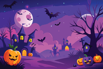 Spooky Halloween Night Castle Bats Pumpkins Moon