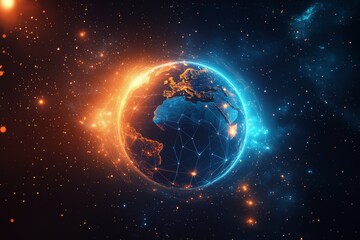 Obraz premium A digital view of Earth from space showcasing network connections and glowing lights at dawn