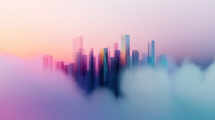 Fototapeta premium A sharp image of a metropolis with towering buildings in the foreground and a vivid pink-blue sky overhead