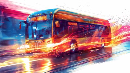 A city bus is moving along the road. Illustration