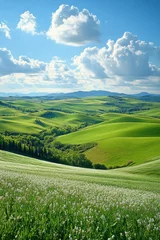 Rolgordijnen zonder boren Lush green rolling hills under a partially cloudy sky in a serene landscape during midday © ArtCookStudio