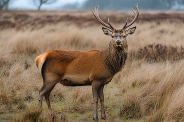 Obraz premium Majestic stag standing in a misty meadow surrounded by tall grass and trees at dawn