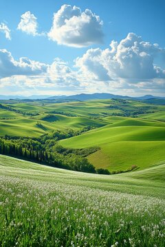 Lush green rolling hills under a partially cloudy sky in a serene landscape during midday