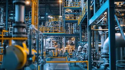 A highly organized industrial facility featuring extensive piping, machinery, and safety railings, showcasing modern manufacturing processes.