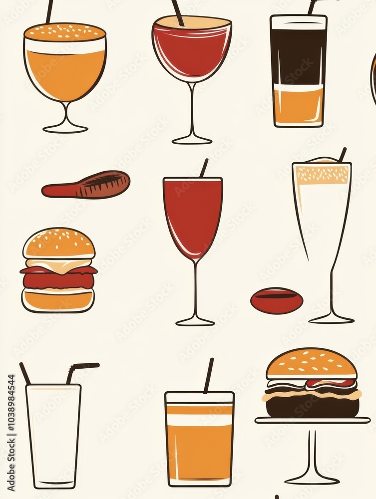 Poster colorful drinks and appetizing burgers are displayed against a simple background, inviting a sense o