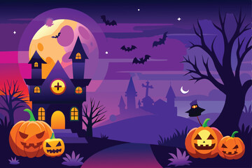 Fototapeta premium Spooky Halloween Night With Haunted House And Pumpkins