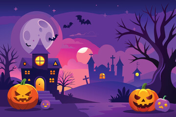 Fototapeta premium Spooky Halloween Night with Haunted House and Pumpkins