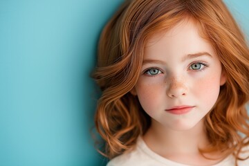 Young girl with wavy red hair and light eyes standing against a soft blue background in a calm setting