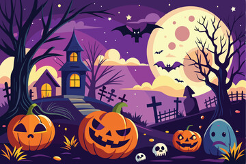 Fototapeta premium Spooky Halloween Night Scene with JackoLanterns