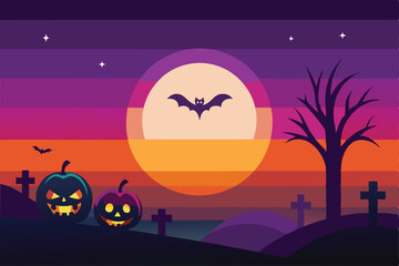 Halloween Night Scene With JackoLanterns and Bats