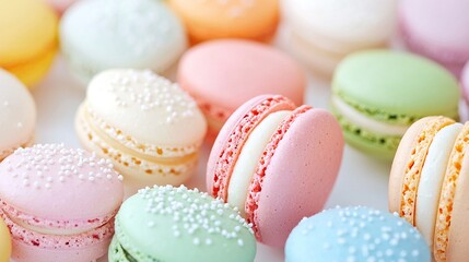   A variety of colorful macaroons resting on a white background with multiple servings of macaroni and cheese